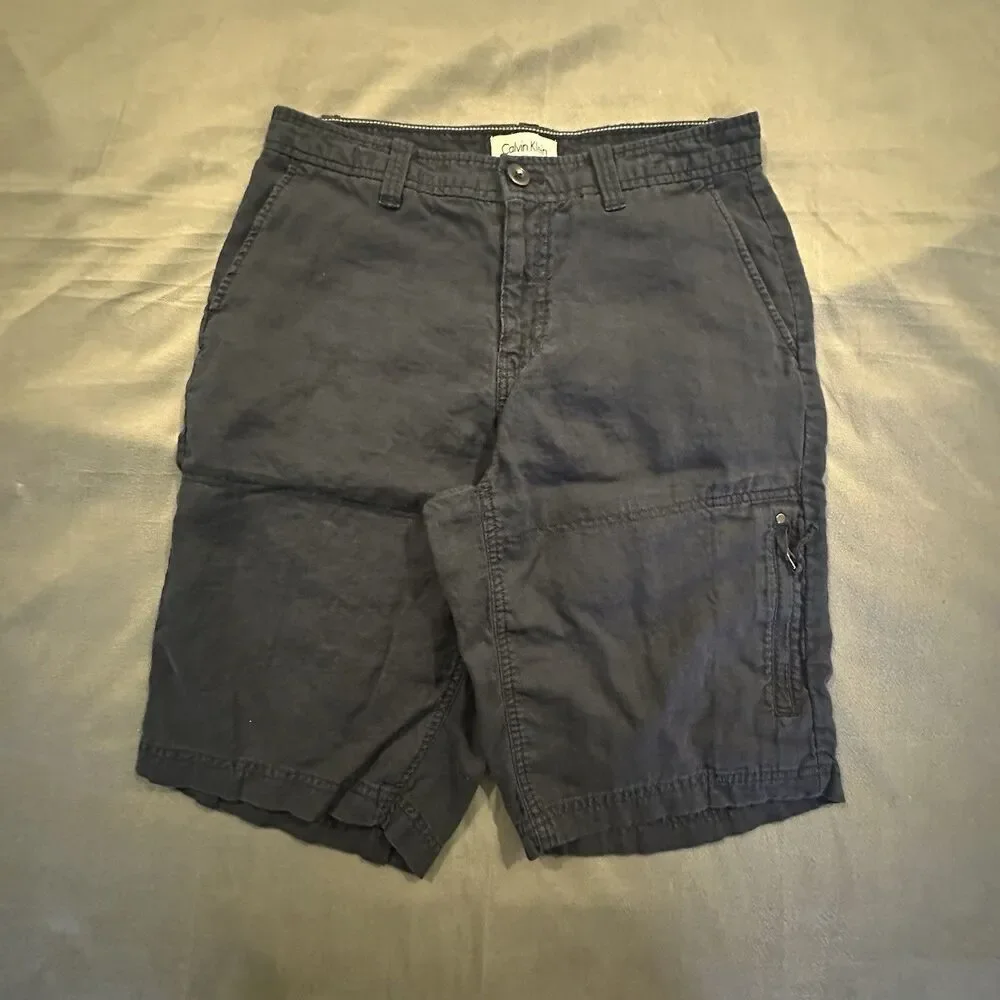 Calvin Klein Shorts Linen Men's 30 Chino Zipper Pocket Navy Blue Flat Front
